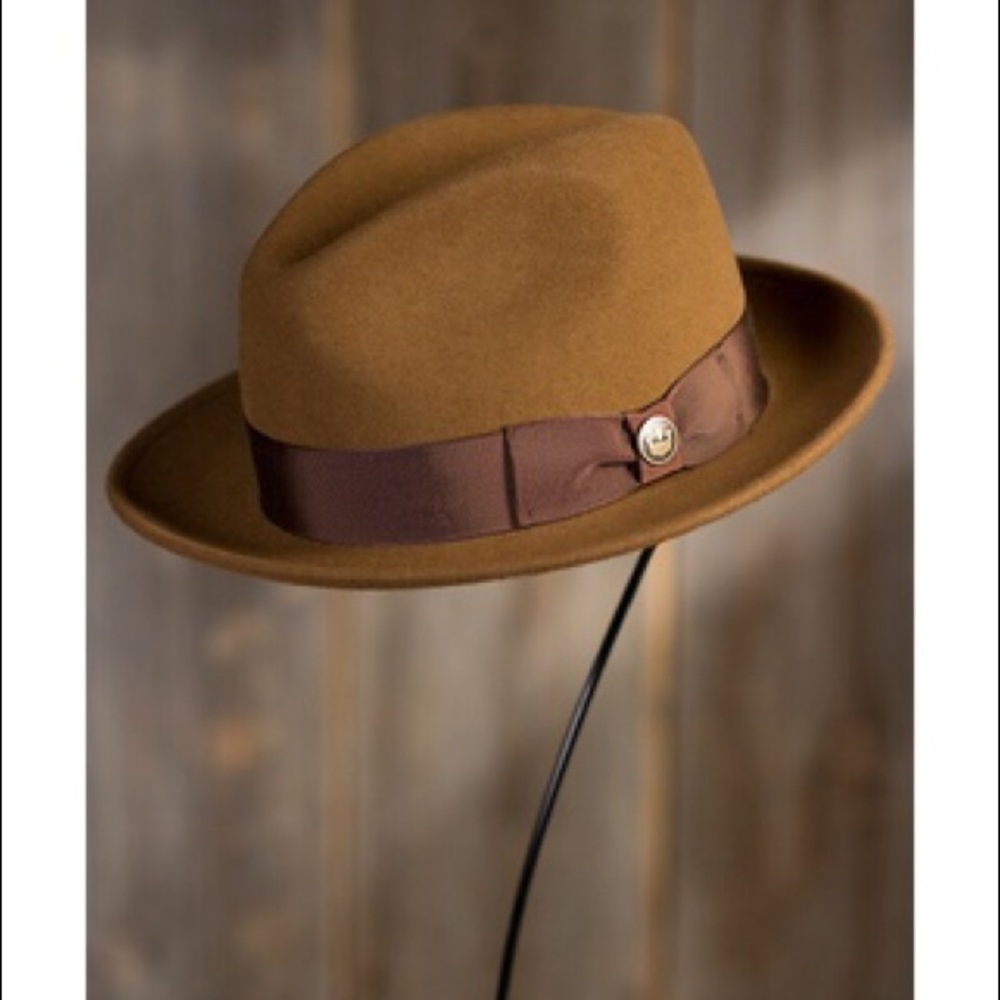 Goorin Bro’s Brown Hat with feather and pins.